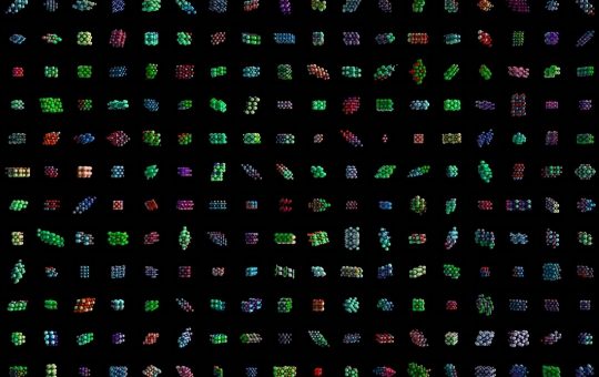 Illustration of new compounds being tested to illustrate the MatterGen diffusion model from Microsoft that uses AI to speed up materials discovery.