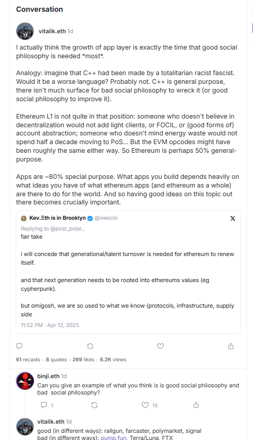 Ethereum Co-founder Vitalik Buterin emphasizing the need for a strong social philosophy in Ethereum&rsquo;s application layer