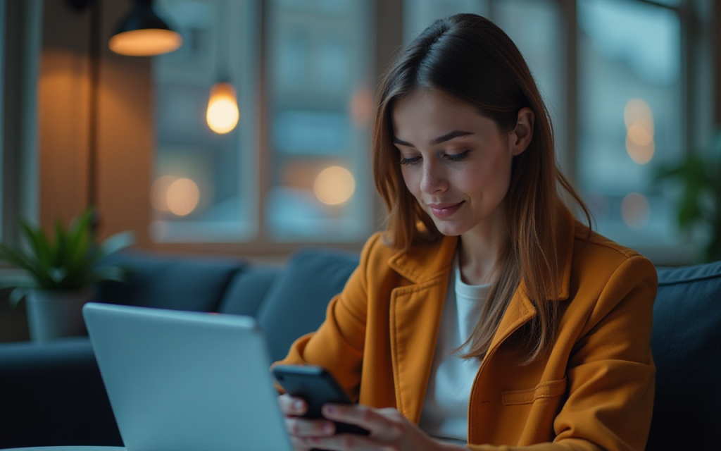 A Lady Using Smartphone and a Laptop