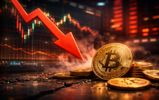 Bitcoin coins with a downward market trend visualised by a falling arrow and trading charts in the background.