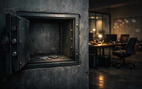 Open empty safe with scattered fragments in a dim office, symbolizing the lasting impact of crypto hacks even after funds are gone