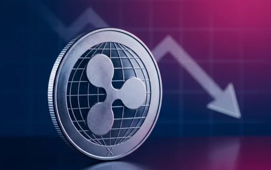 XRP cryptocurrency coin with downward price chart against gradient tech background