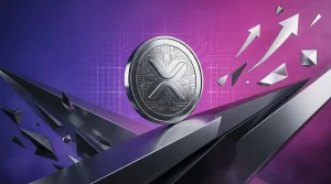 XRP cryptocurrency coin balanced between rising and falling geometric planes with purple-magenta gradient background