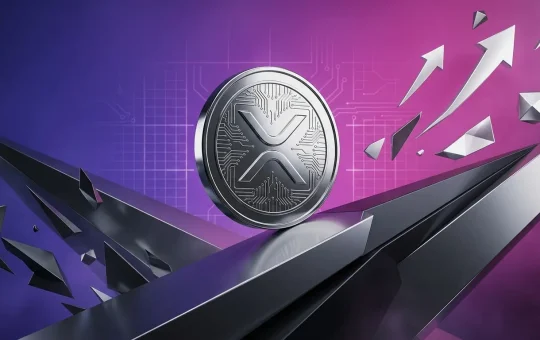 XRP cryptocurrency coin balanced between rising and falling geometric planes with purple-magenta gradient background
