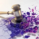Solana News: South Korea Sets DeFi Precedent with First DEX Rug Pull Criminal Case 3D gavel striking digital blockchain surface with purple and magenta fragments representing DeFi regulation