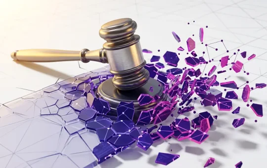 Solana News: South Korea Sets DeFi Precedent with First DEX Rug Pull Criminal Case 3D gavel striking digital blockchain surface with purple and magenta fragments representing DeFi regulation