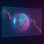 XRP cryptocurrency coin with holographic price chart showing downward trend in studio lighting