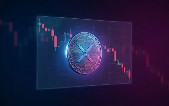 XRP cryptocurrency coin with holographic price chart showing downward trend in studio lighting