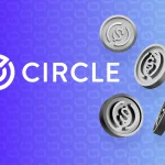 Circle cryptocurrency logo with stylized dollar coins on a blue gradient background.