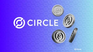 Circle cryptocurrency logo with stylized dollar coins on a blue gradient background.