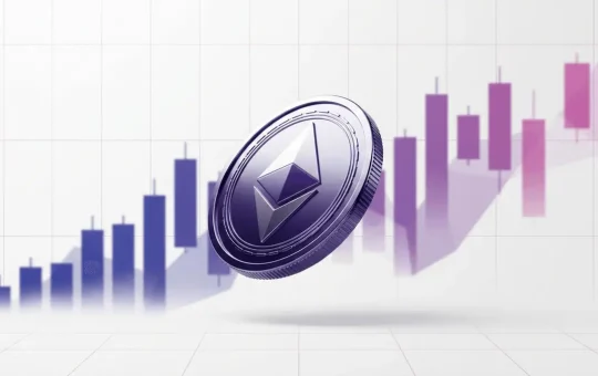 Ethereum coin ascending with purple gradient chart background showing upward price momentum