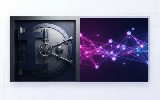 Bank vault door contrasted with glowing blockchain network in purple and magenta gradients