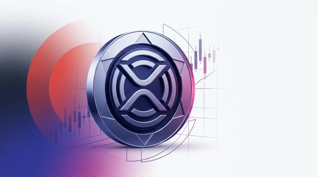 XRP-inspired digital token with institutional payment network visuals and ETF market-flow styling