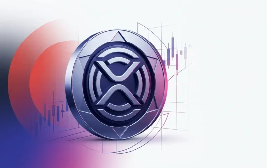 XRP-inspired digital token with institutional payment network visuals and ETF market-flow styling