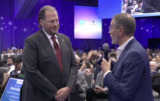 Adecco Group CEO Denis Machuel speaks with Salesforce CEO Marc Benioff at the Dreamforce 2026 keynote.