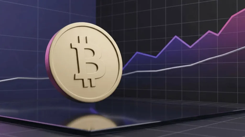 Bitcoin coin rising above a moving average line in a purple technical market visualization