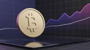 Bitcoin coin rising above a moving average line in a purple technical market visualization