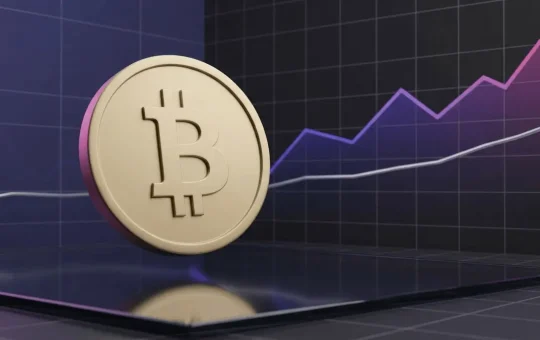 Bitcoin coin rising above a moving average line in a purple technical market visualization