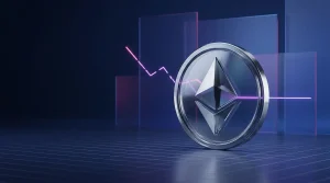 Abstract cryptocurrency coin stabilizing after a sharp market decline amid regulatory and interest-rate pressure