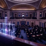 Illuminated Senate chamber and digital voting threshold representing the CLARITY Act cloture vote