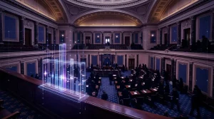 Illuminated Senate chamber and digital voting threshold representing the CLARITY Act cloture vote