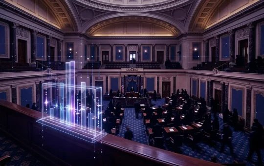 Illuminated Senate chamber and digital voting threshold representing the CLARITY Act cloture vote