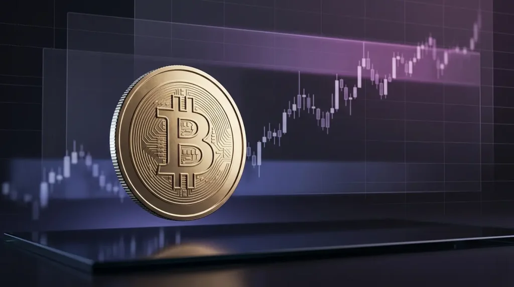 Bitcoin-inspired coin above an abstract price chart showing a tense test of support and resistance