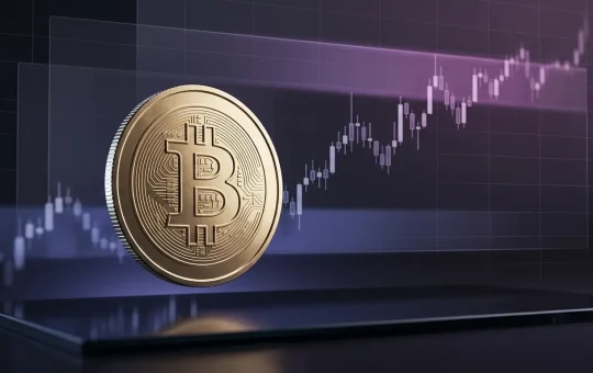 Bitcoin-inspired coin above an abstract price chart showing a tense test of support and resistance