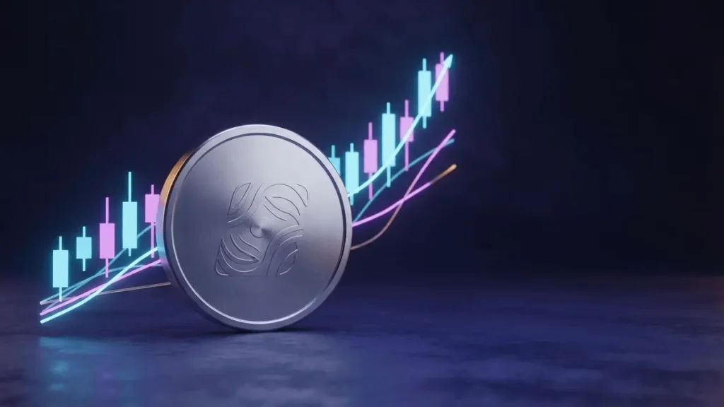 Silver XRP-inspired token rising above bullish crypto market signals in a purple and magenta financial scene