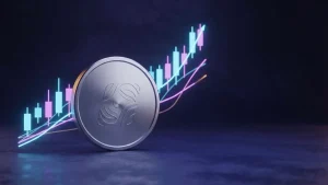 Silver XRP-inspired token rising above bullish crypto market signals in a purple and magenta financial scene