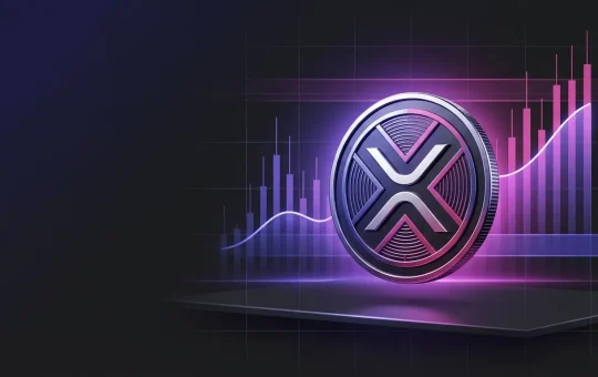 XRP-inspired coin above a glowing market volume chart with indigo and magenta financial lighting