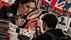 Editorial collage showing a female FCA inspector examining a man's crypto wallet, with fingerprint records and Westminster in the background.